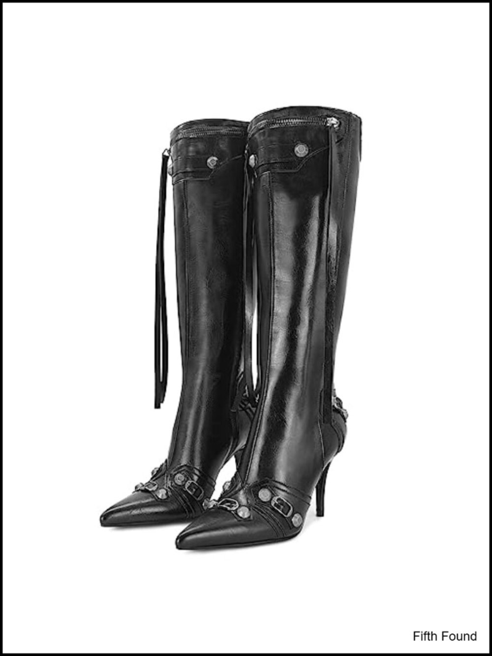 Faux Leather Pointed Toe Stiletto Knee High Boots with Zipper Buckle Tassel